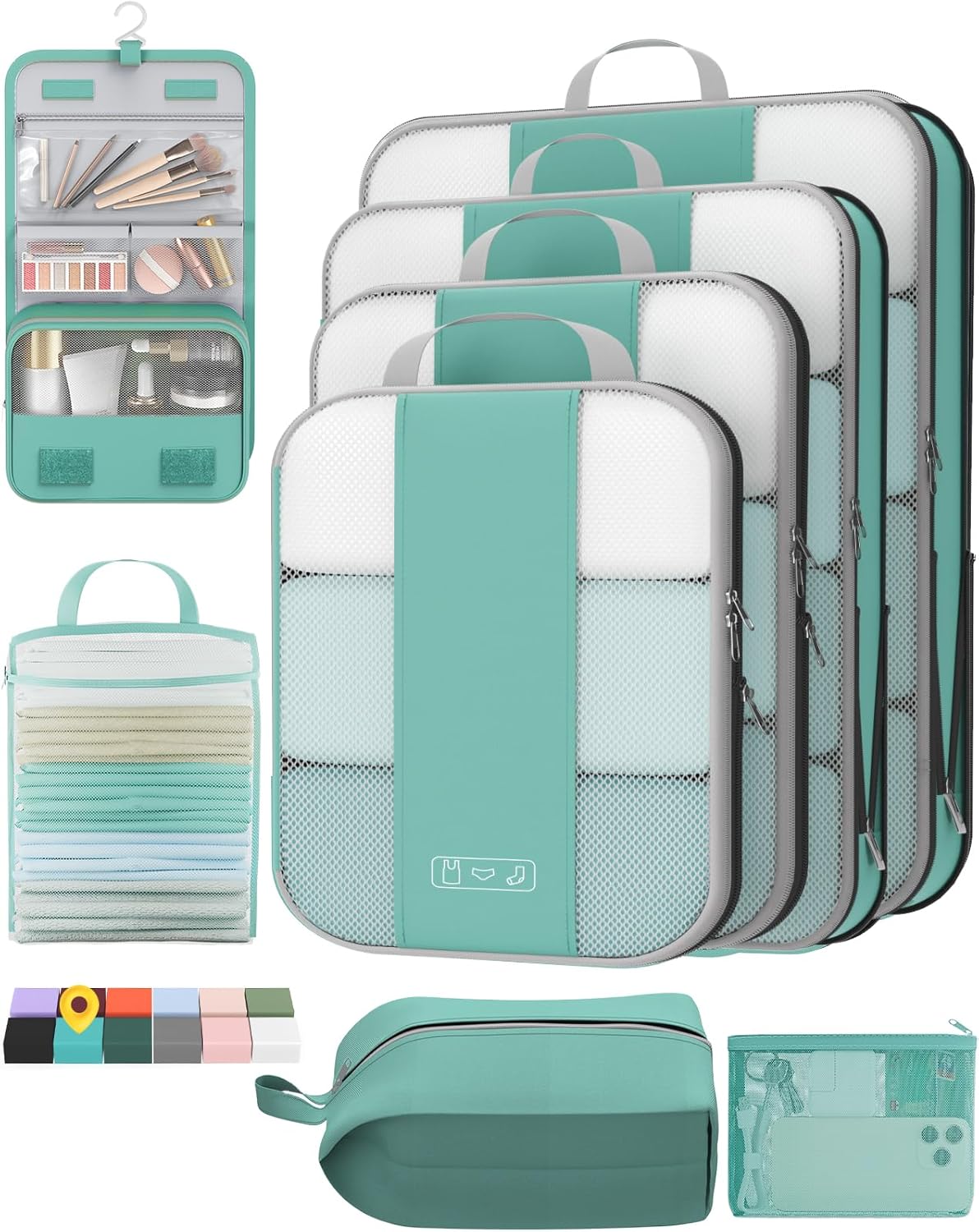 8 Set Compression Packing Cubes for Travel Essentials,Compressible Expandable Packing Cubes for Suitcase,OlarHike Luggage Organizer Bags for Travel,Handy Helper for Organizing Clothes(New Blue Green)
