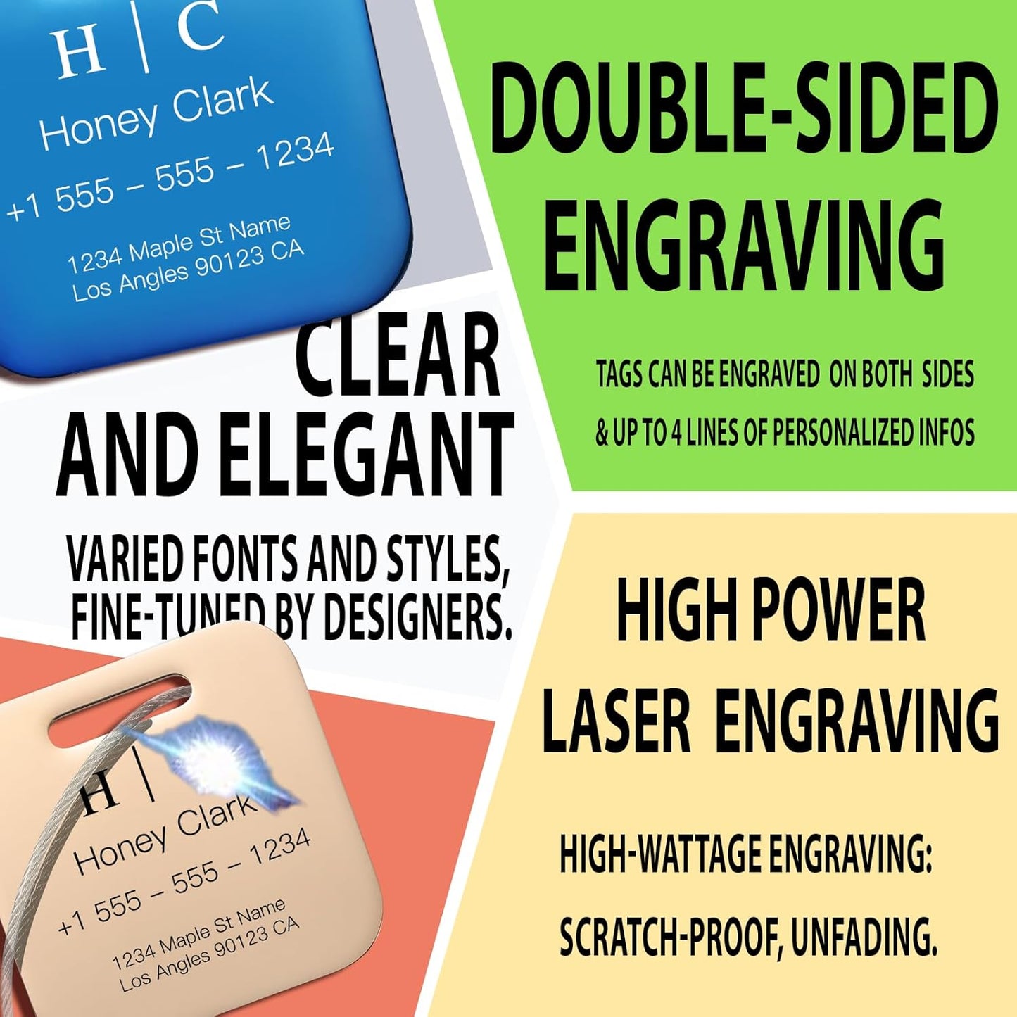 Stainless Luggage Tags for Suitcases 4 Pack: Metal Personalized Luggage Tags for Backpacks & Bags with Customizable Texts (Rainbow)