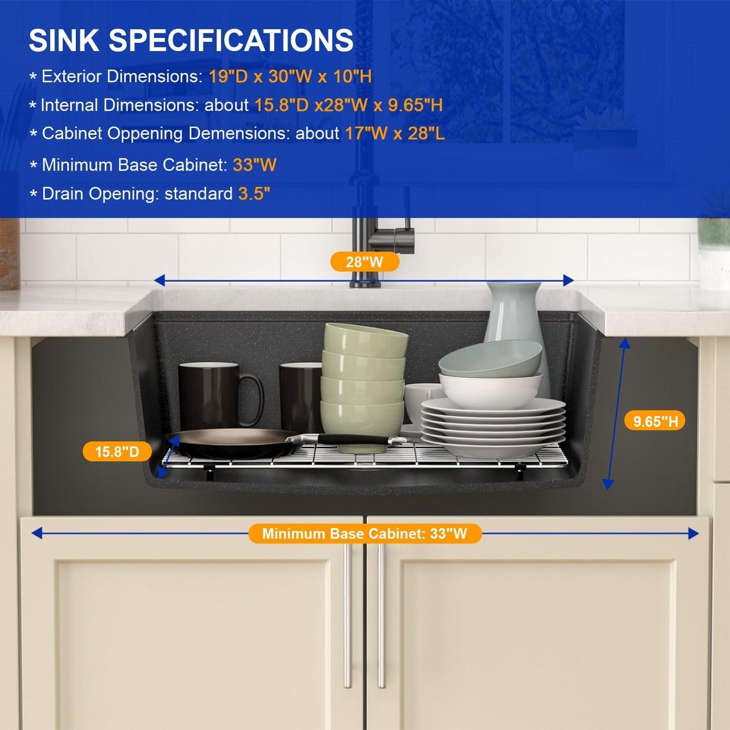 Dcolora 30 Inch Matte Black Kitchen Sink Workstation Granite Composite Undermount Single Bowl Kitchen Sink,DC-GU8769