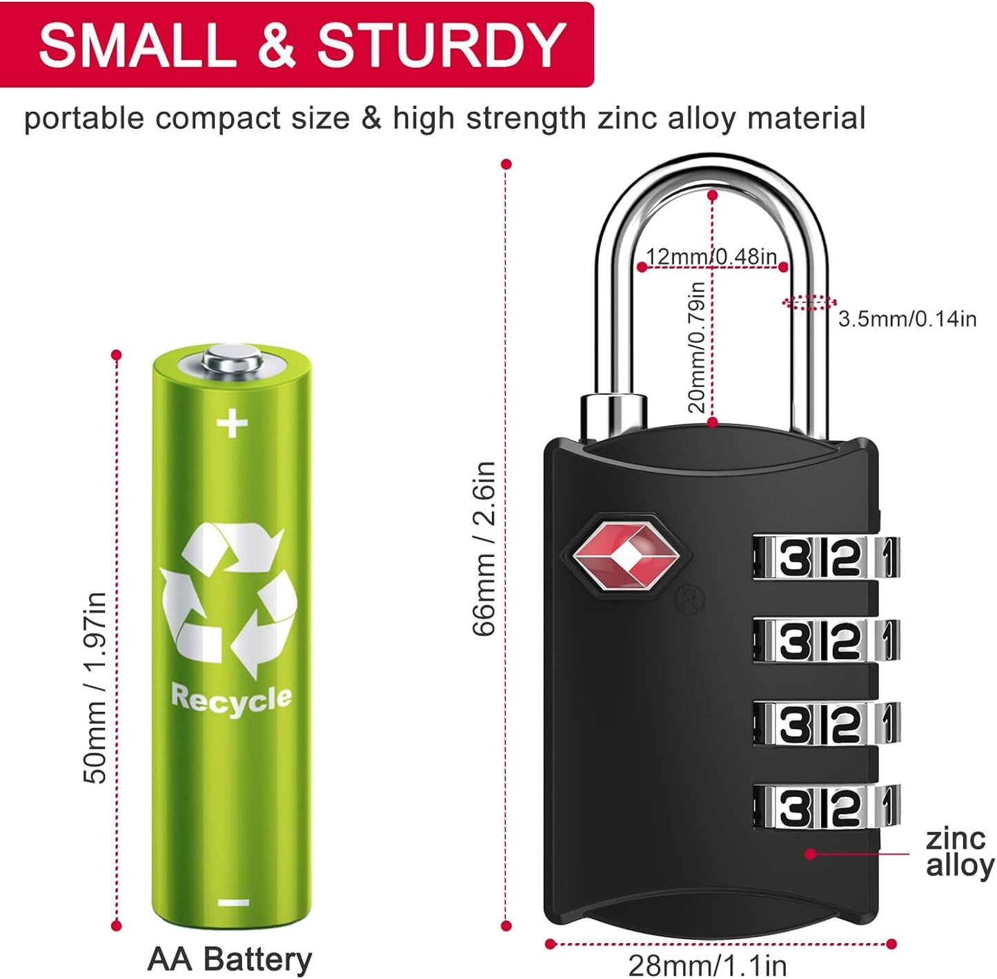 ZHEGE TSA Approved Luggage Lock for Train Travel, 4 Digit Combination Lock for School Gym Locker, Suitcase, Backpack, Cabinet, Drawer, Easy Read Dial with Alloy Body (1 Pack, Black)