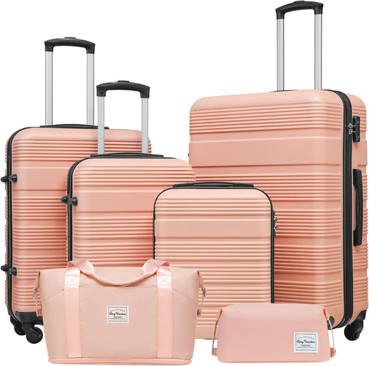 LONG VACATION 6 Piece ABS+PC Hardshell Luggage Set with Spinner Wheels, Lightweight suitcase set with TSA Lock & YKK Zipper