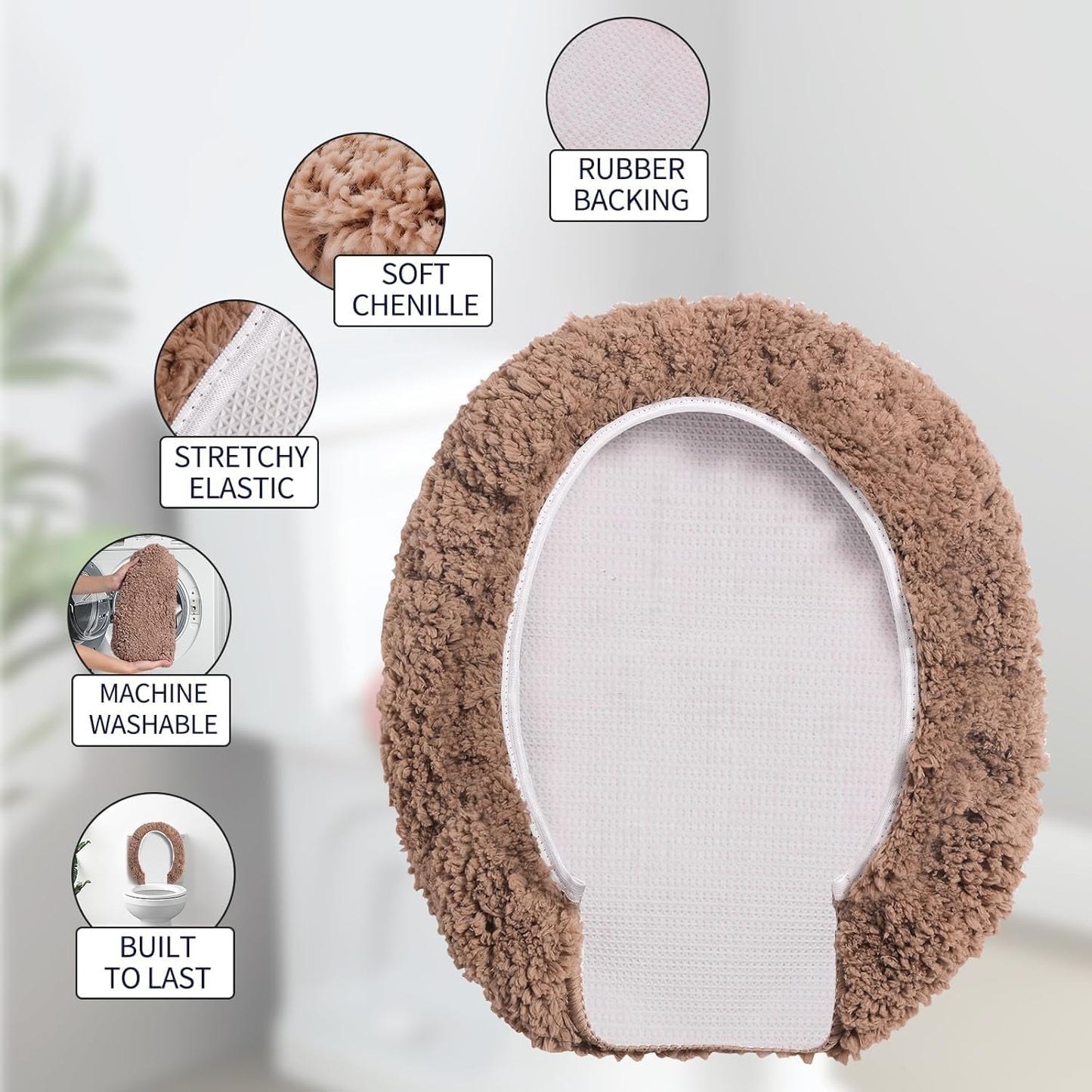Microfiber Elongated Toilet Seat Cover 19.5"x 15" Machine Washable Solid Toilet Lid Cover Adjustable Rubber Backing Fits Most 18-19.5" L x 14-16" W Elongated Toilet Seat