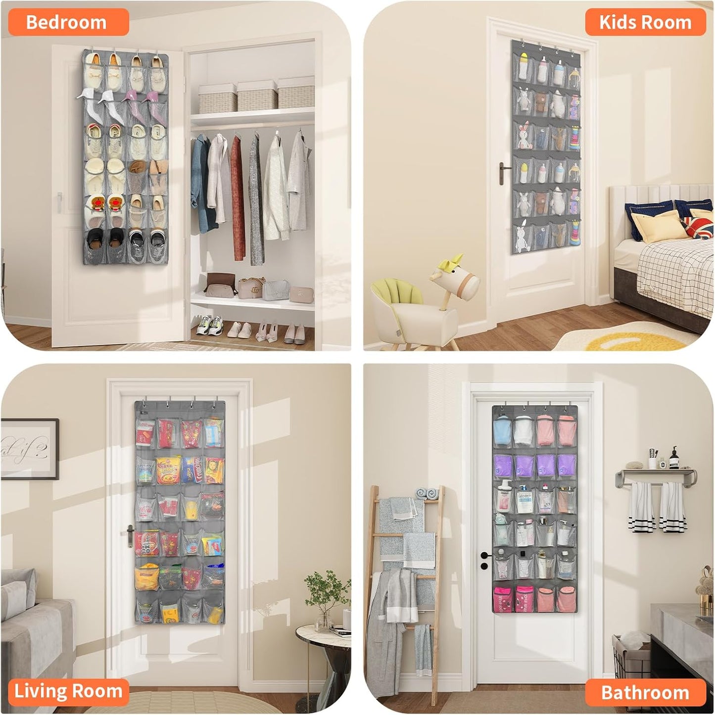FENTEC 2 Pack Over the Door Shoe Organizer Hanging Shoe Organizer for Closet, Space Saving Mesh Large Pocket Shoe Storage and Organizer with 24 Packets, Shoe Holder for Apartments Garages, Gray