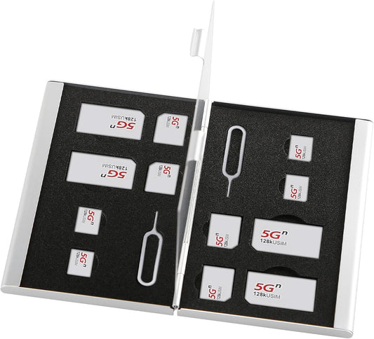 Aluminum SIM Card Case, 14Slots Ultrathin SIM Card Holder, Fit for 4 SIM Card, 4 Micro sim Card, 4 Nano sim Card and 2 Cell Phone Eject Pin Slots, Silver
