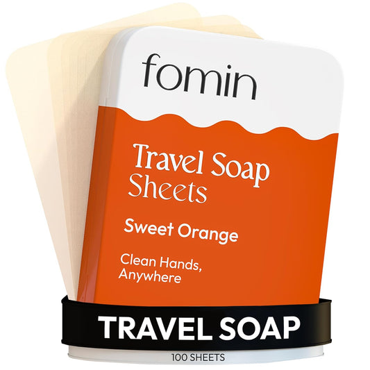 FOMIN - Antibacterial Paper Soap Sheets Tin for Traveling - (100 Sheets) Orange Portable Travel Hand Soap Sheet, Dissolvable Mini Camping Hand Soap for Hand Washing