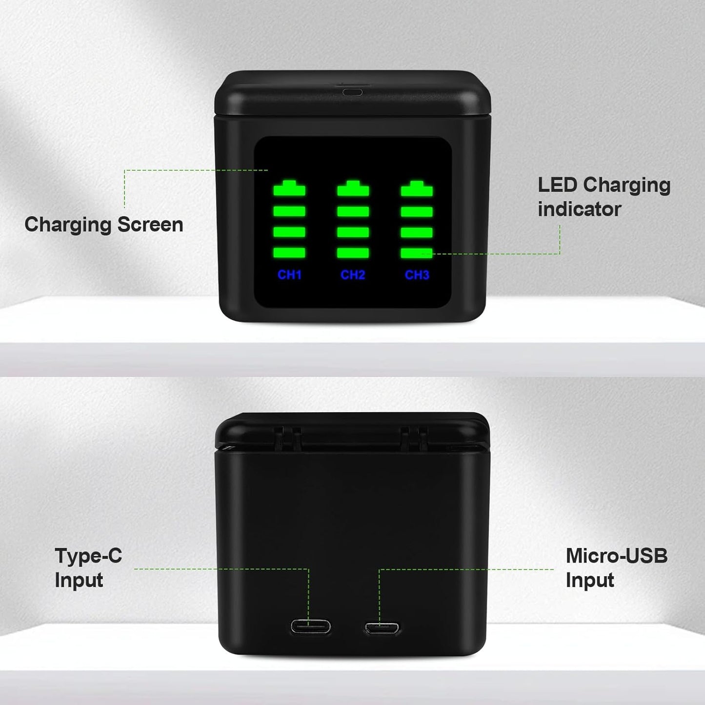 Battery Charger Kits for GoPro Hero 12 11 10 9 Black, 3-Pack 2000mAh Replacement Batteries + Triple Charge Case with Type-C Charging Cord for Go Pro 12 11 10 9 Official Batteries Accessories