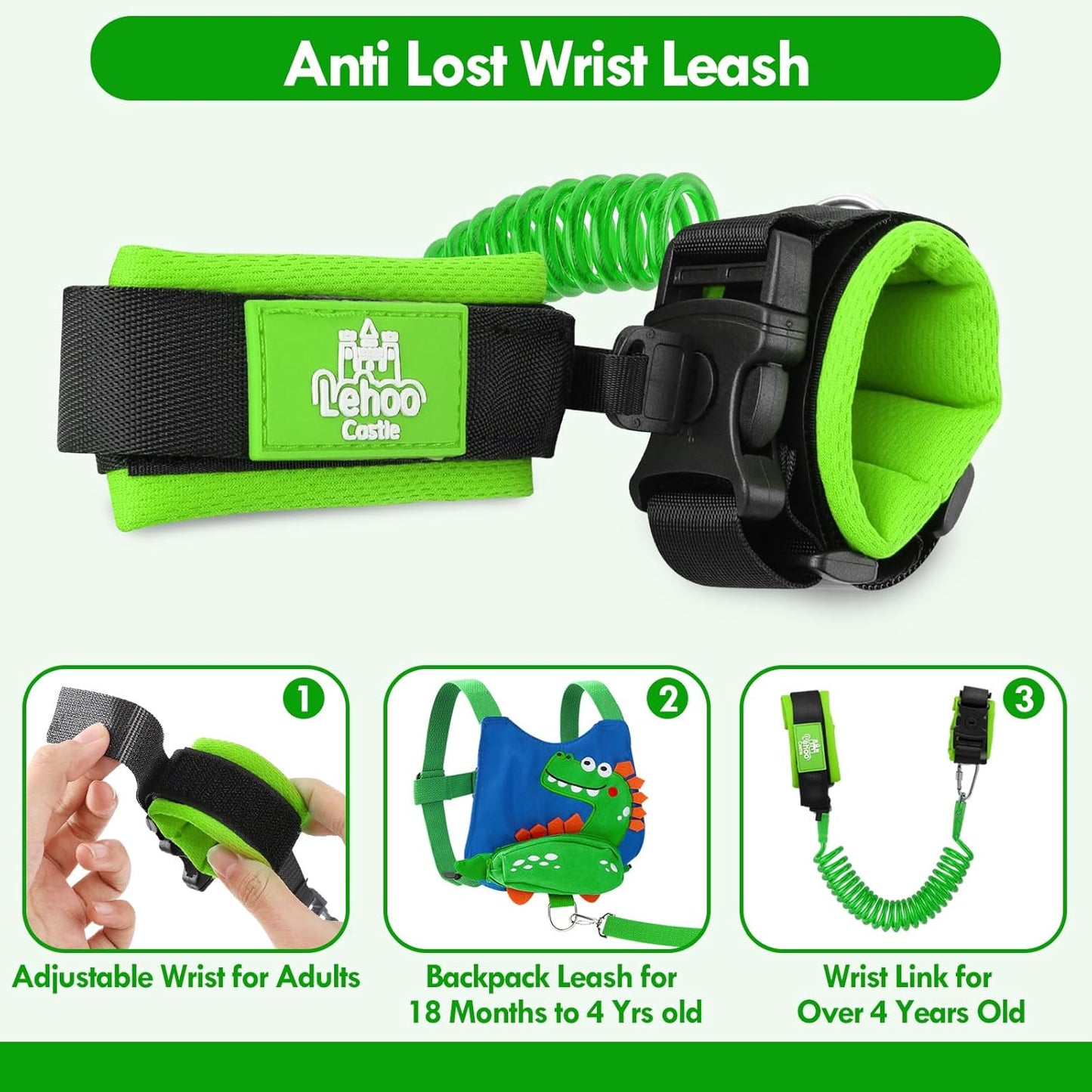 Lehoo Castle Toddler Leash for 1-5 Years, Baby Safety Harness for Boys with Anti-Lost Key Lock & Adjustable Strap, 3-in-1 Wrist Leash and Kids Backpack Harness for Walking Travel (Dinosaur)