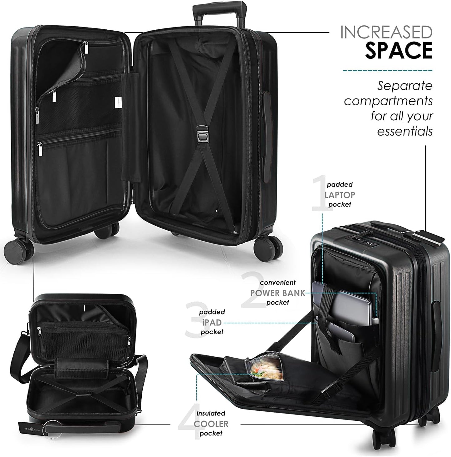 Hard Shell Luggage Sets with Spinner Wheels 4 Piece, Expandable Large Suitcases with TSA Lock, Travel Large Suitcase Set, Jet Black Luggage Set