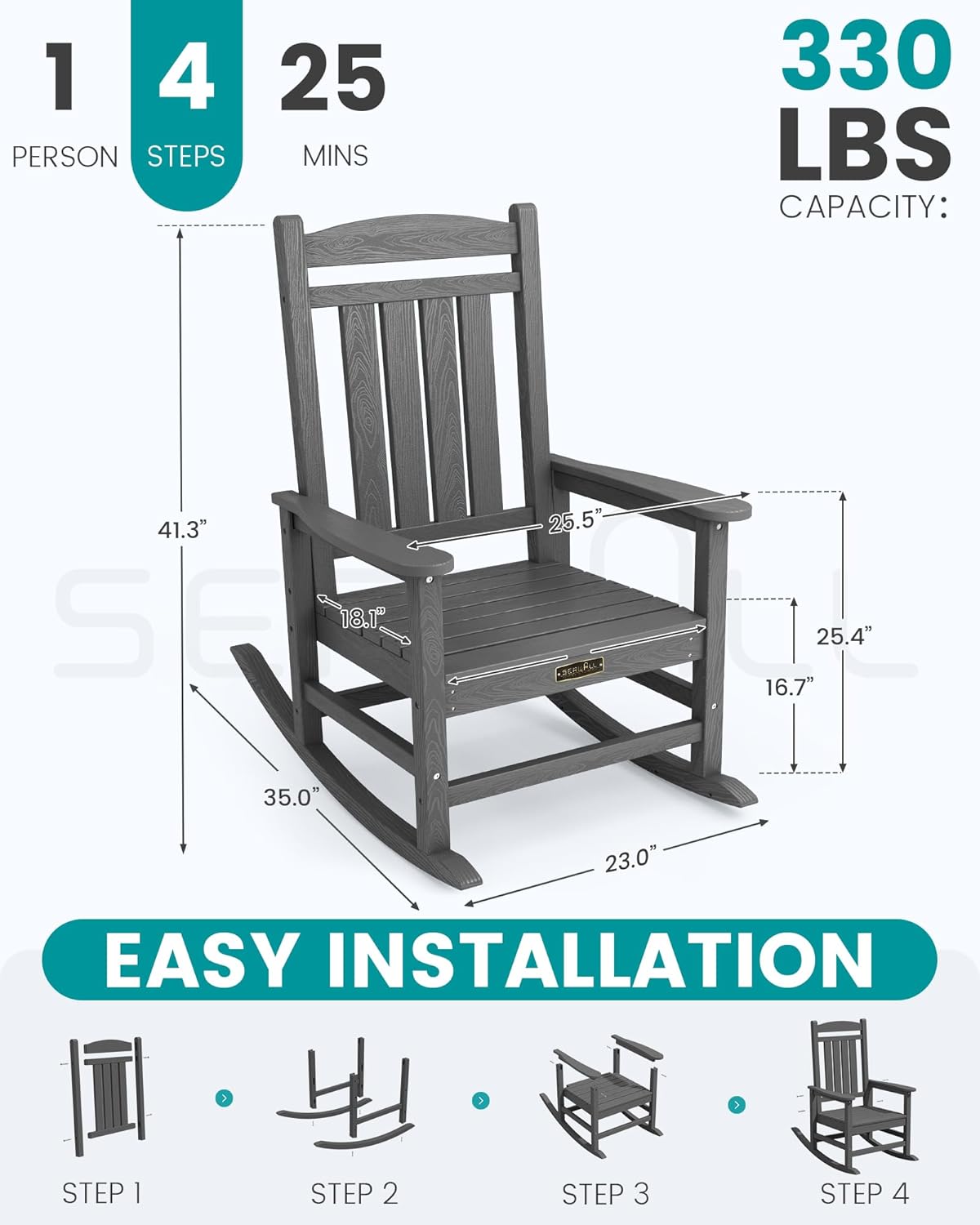 SERWALL Outdoor Rocking Chair, HDPE Patio Rocking Chair All-Weather Porch Rocker for Balcony, Yard, Gray