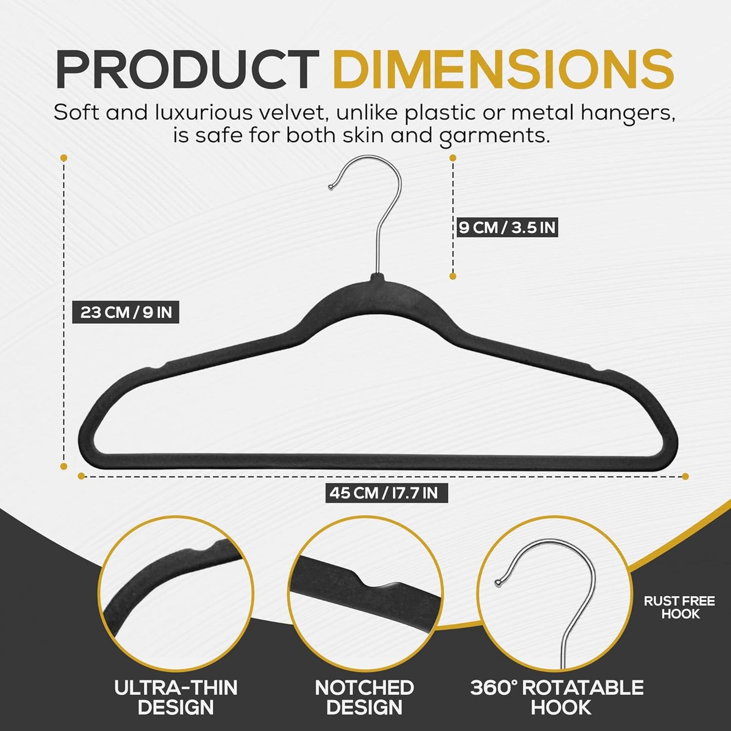 50 Pack New Premium Quality Velvet Hangers Ultra Thin Non Slip Adult Felt Space Saving Hangers for Closet Heavy Duty Coat Pants Jackets Dress Hangers 360° Swivel Hook Hold Upto 10 lbs Black