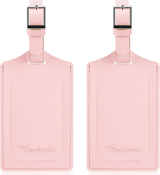 Travelambo Luggage Tags for Suitcases Faux Leather Privacy Protection 2 Pack Bag Tags Travel Accessories Essential, Light Pink