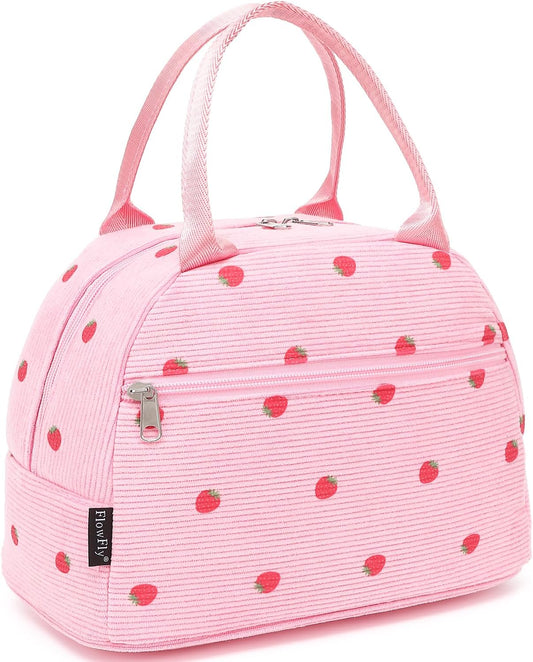 FlowFly Insulated Lunch Bag for Women – Corduroy Lunch Tote Box, Cute Cooler Bag for Work, Travel, Picnic,Corduroy Strawberries RoseRed