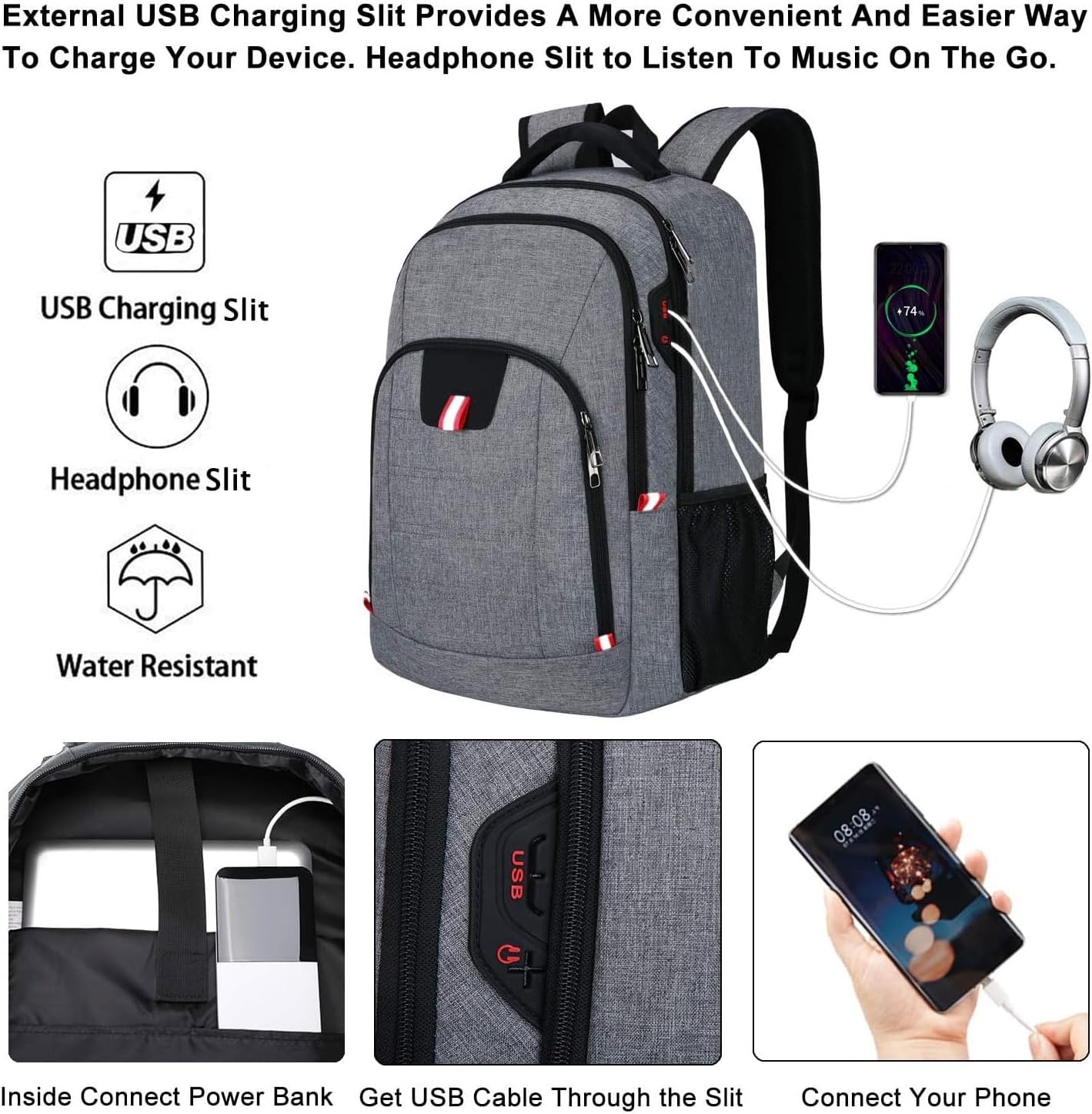 Travel Laptop Backpack, Anti Theft Backpack for Men and Women with USB Slit Business Computer Backpack Bag (Grey, 15.6 Inch)