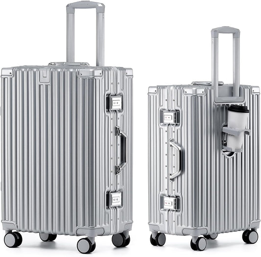 HotWay 26 Inch Aluminum Frame Luggage with Spinner Wheels, PC Hard Shell Suitcase with Cup Holder, Zipperless Luggage for Business Travel, Silver