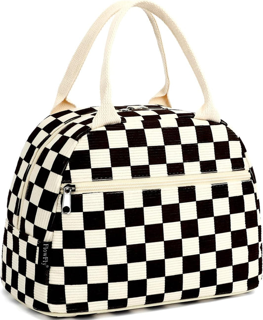 FlowFly Lunch Bag for Women Insulated Lunch Box Corduroy Lunch Tote Cooler for Travel Work Picnic,Corduroy Plaid Black
