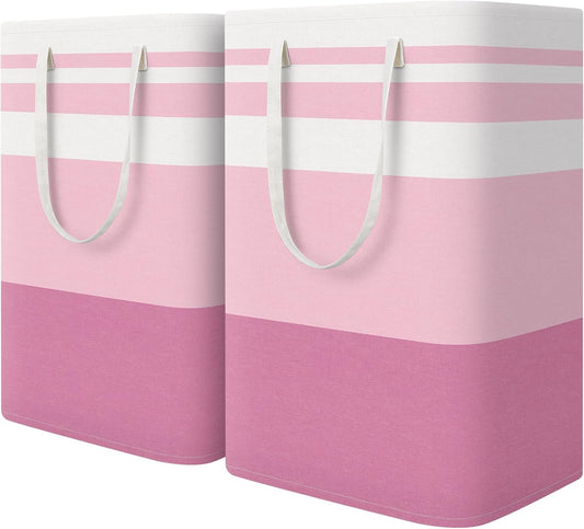 HomeHacks 2 Pack Large Laundry Baskets, Waterproof, Freestanding Laundry Hampers, Collapsible Clothes Hamper with Reinforced Handles in Laundry, College Dorm, Bathroom, Bedroom (Pink, 75Lx2)