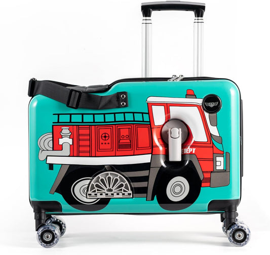 Younglingz LIL FLYER GO Version 2 Ride On Suitcase for Kids | Carry On Luggage with Toddler Seat, Foldable Handlebars, Pedals, and Removable Wheels | Holds up to 80 lbs | FIRETRUCK | Ages 2-6