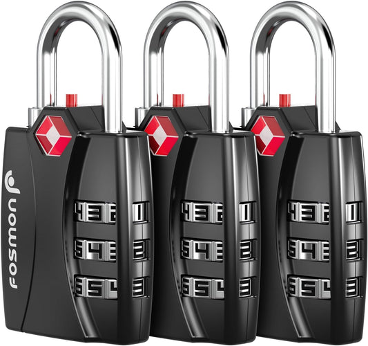 Fosmon TSA Approved Locks for Luggage. Suitcase Locks with Open Alert Indicator, 3 Digit Combination Padlock with Alloy Body for Travel, Backpack Zipper Anti Theft, Locker, Gym, Gun Case, Tent- 3 Pack