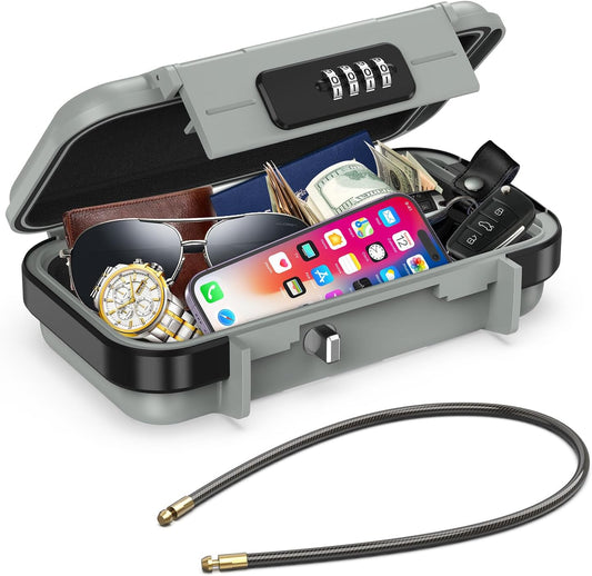 AMIR Portable Safe Box, Combination Security Case LockBox with Code, Waterproof Anti-Theft Mini Travel Safe Box with Removable Chain, Security Box for Home,Office, Grey
