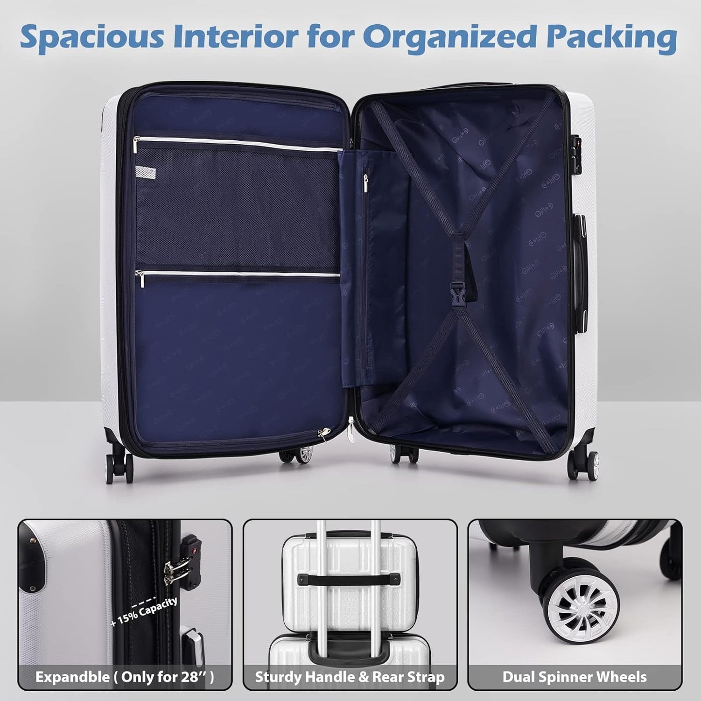 Coolife Luggage Expandable 5 Piece Sets PC+ABS Spinner Suitcase 20 inch 24 inch 28 inch (wine wind new)