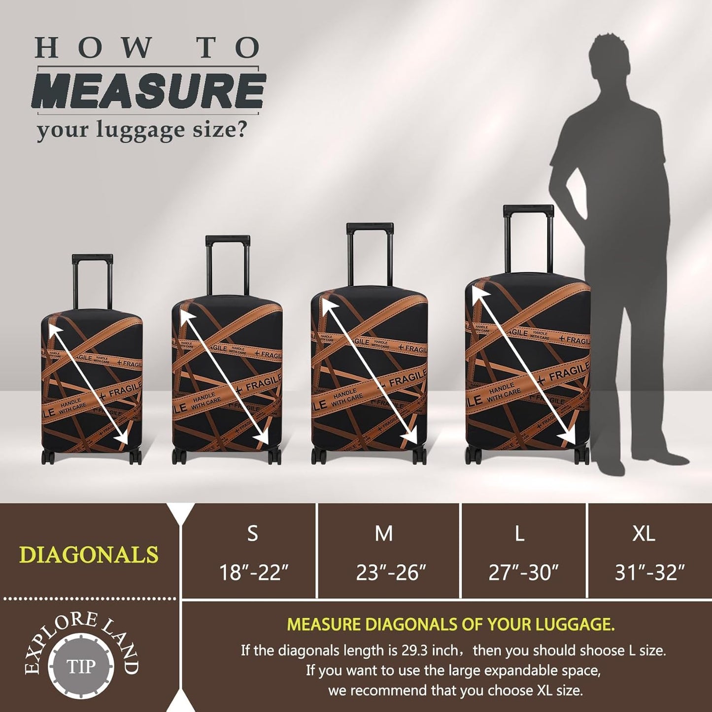 Explore Land Travel Luggage Cover Suitcase Protector Fits 18-22 Inch Case (Gold Fragile, S)