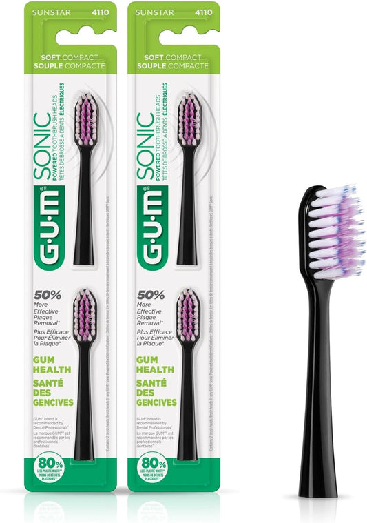 GUM Sonic Powered Toothbrush Refills, Tapered Bristles Clean Below The Gumline, Black 2ct. (Pack of 2)