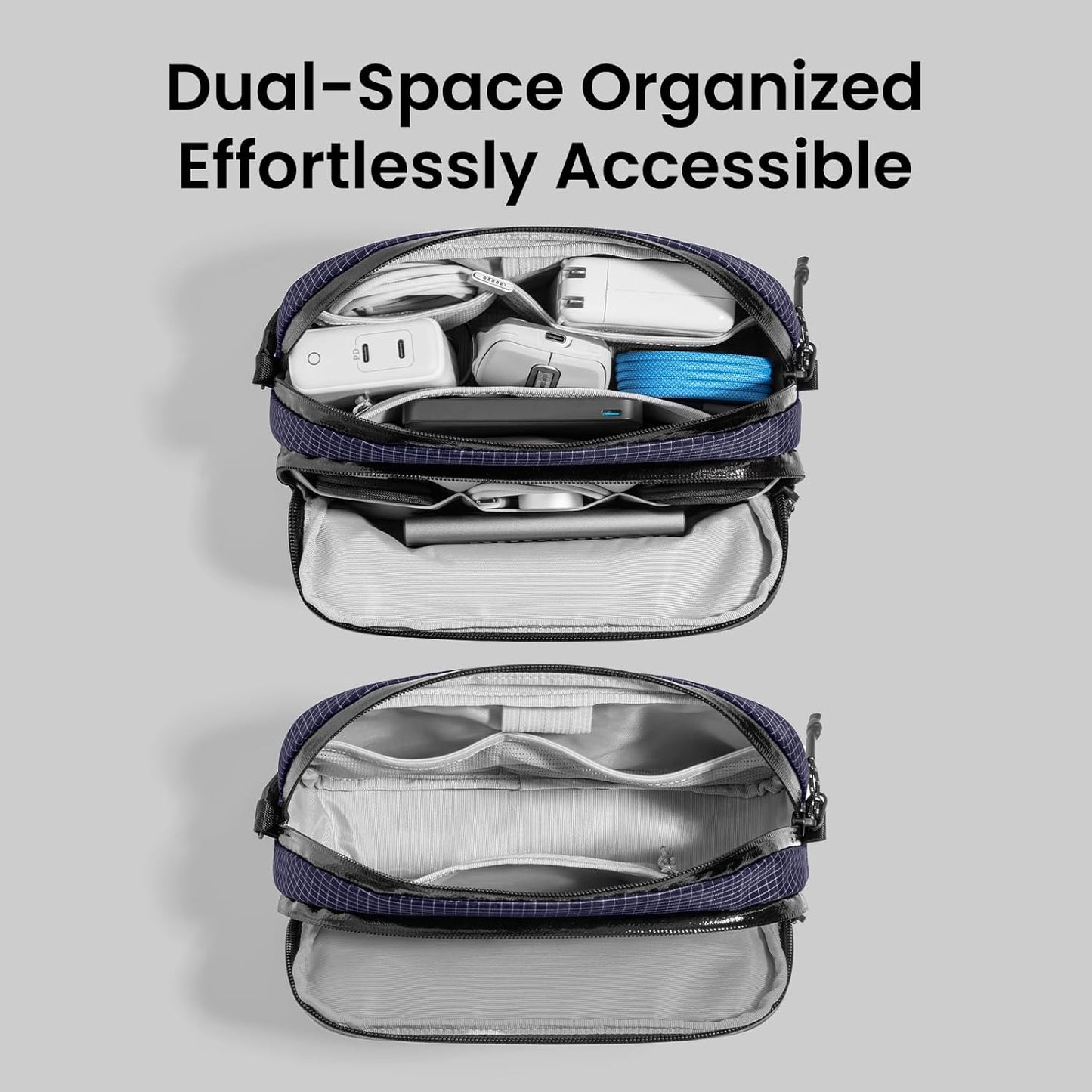 tomtoc Electronic Organizer Travel Case Performance, Water Resistant Dual Compartment Cable Organization Storage Bag for Charger, Cord, Phone, Hard Drive, Power Bank, Accessories Travel Essentials