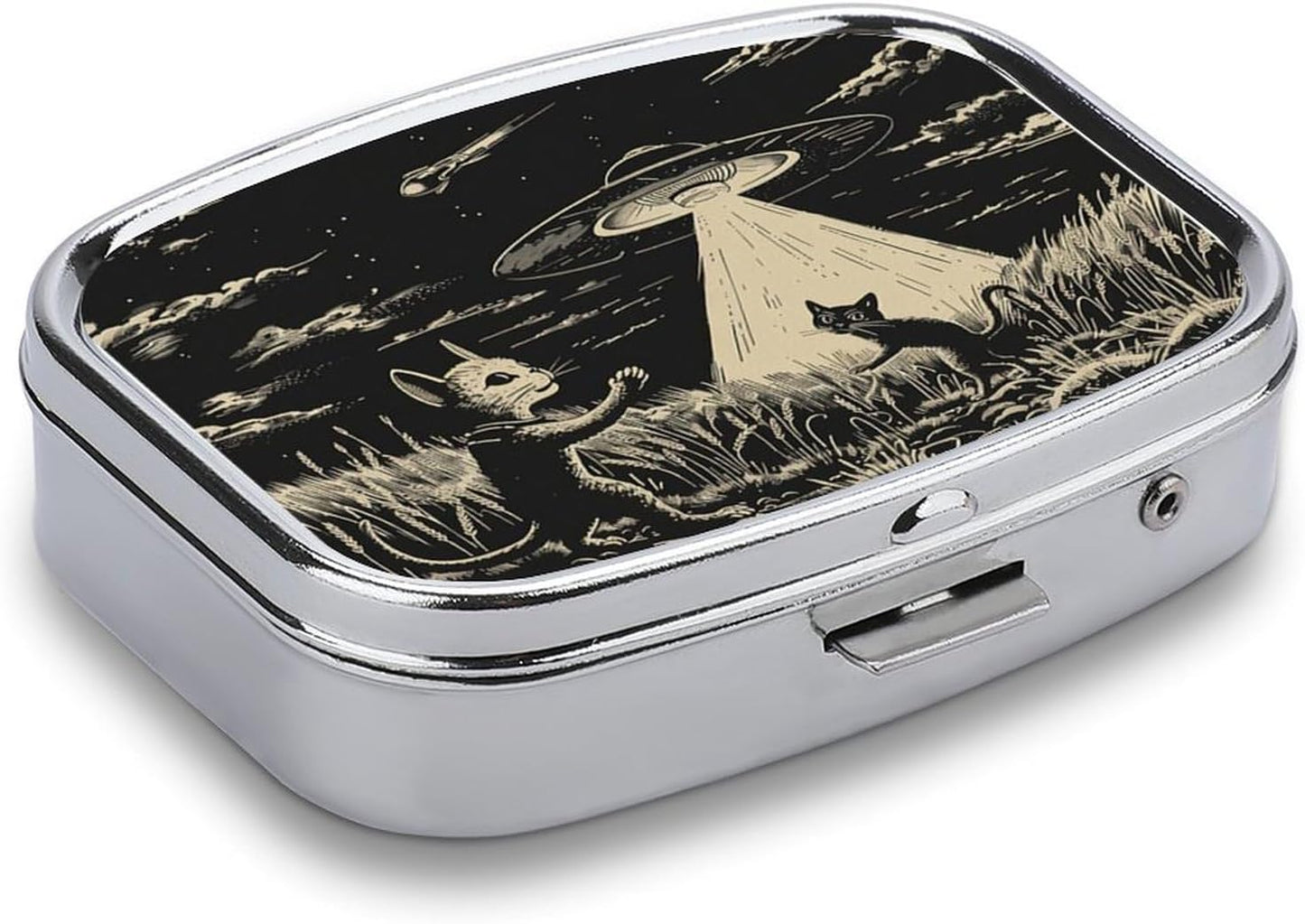 Metal 2 Compartment Pill Organizer Travel Friendly Portable Compact Pill Box Cute Pill Case to Hold Vitamins,Fish Oil,Supplements,Meds,Tablet for Purse,Pocket. (Cats and Spaceships)