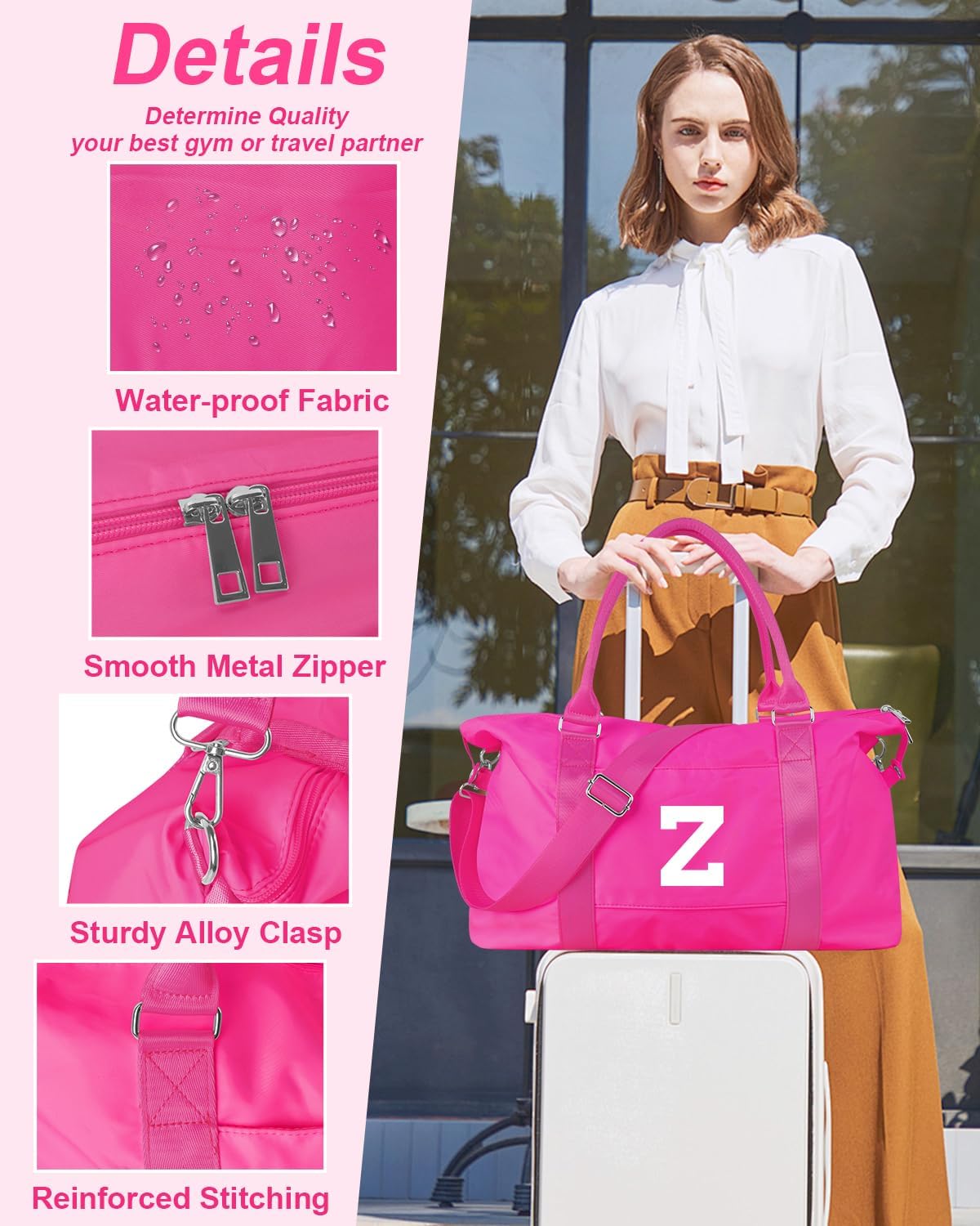 Overnight Bag for Kids Teen Girls Weekender Dance Bag Birthday Graduation Gifts,Initial Travel Duffel Bag Sports Gym Bag Personalized Weekender Bag Carry On Bags Preppy Gifts for Women(Hot Pink, Z)