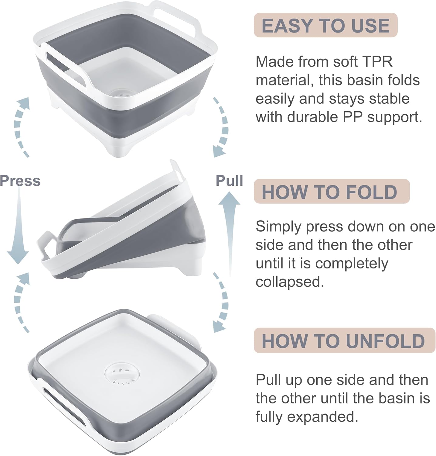 2.4 Gal(9L) Collapsible Dish Basin with Drain Plug - Multiuse Foldable Wash Basin for Baby Bottles, Space-Saving Multiuse Dish Tub, Kitchen Sink for Camping, Dishes Washing, RV (Gray)