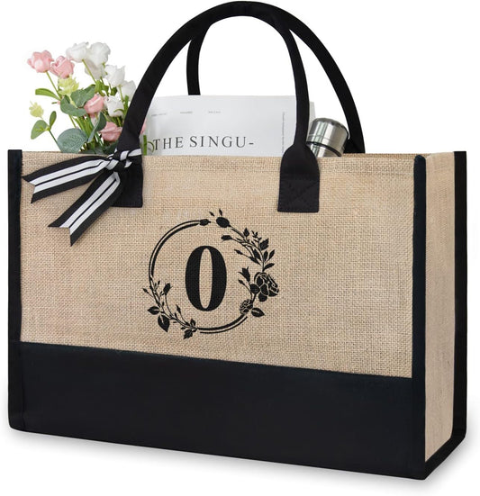 TOPDesign Personalized Initial Jute/Canvas Beach Bag, Monogrammed Gift Tote Bag for Women