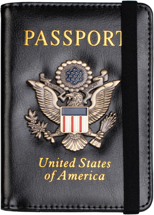 TOURSUIT RFID Blocking Passport Holder for Women Men, Leather Passport Travel Wallet with Metal 3D Metal Badge, Travel Document Holder Cover Accessories (Black)