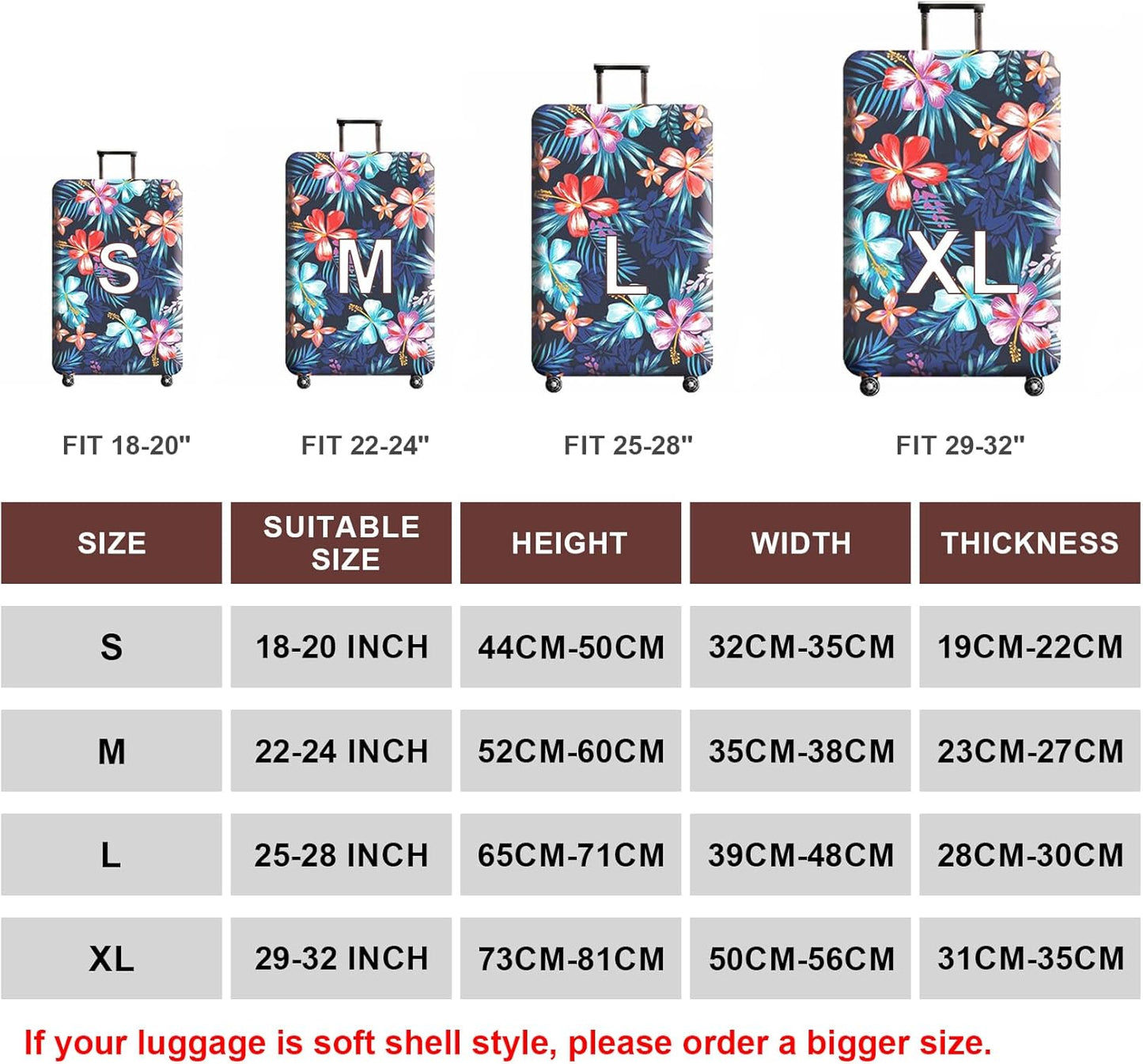 WUJIAONIAO Travel Luggage Cover Baggage Suitcase Cover Protector Skins 18-32 Inch (Flower, L (for 25-28 inch luggage))