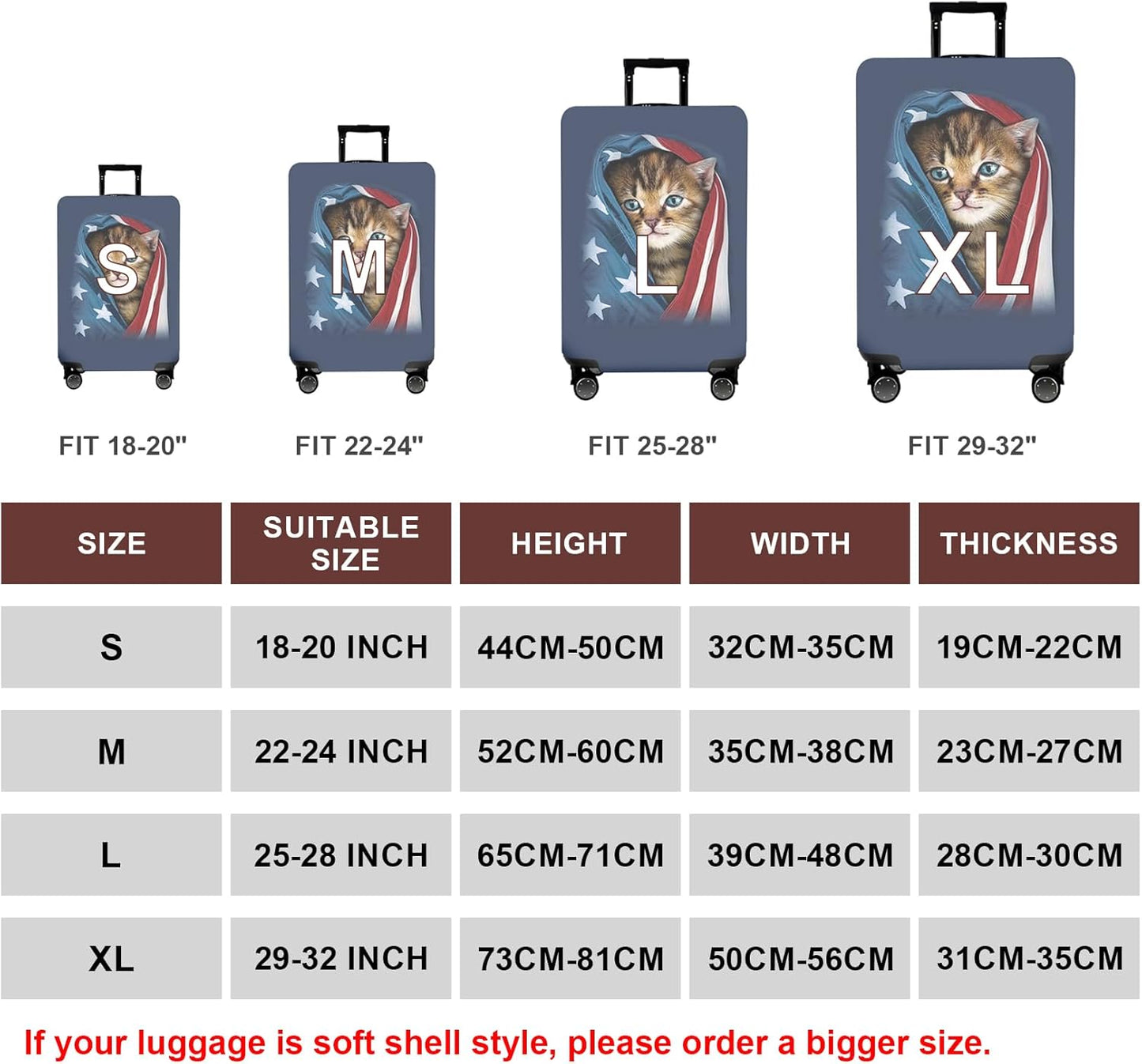 WUJIAONIAO Travel Luggage Cover Baggage Suitcase Cover Protector Skins 18-32 Inch (Cat A, L (for 25-28 inch luggage))