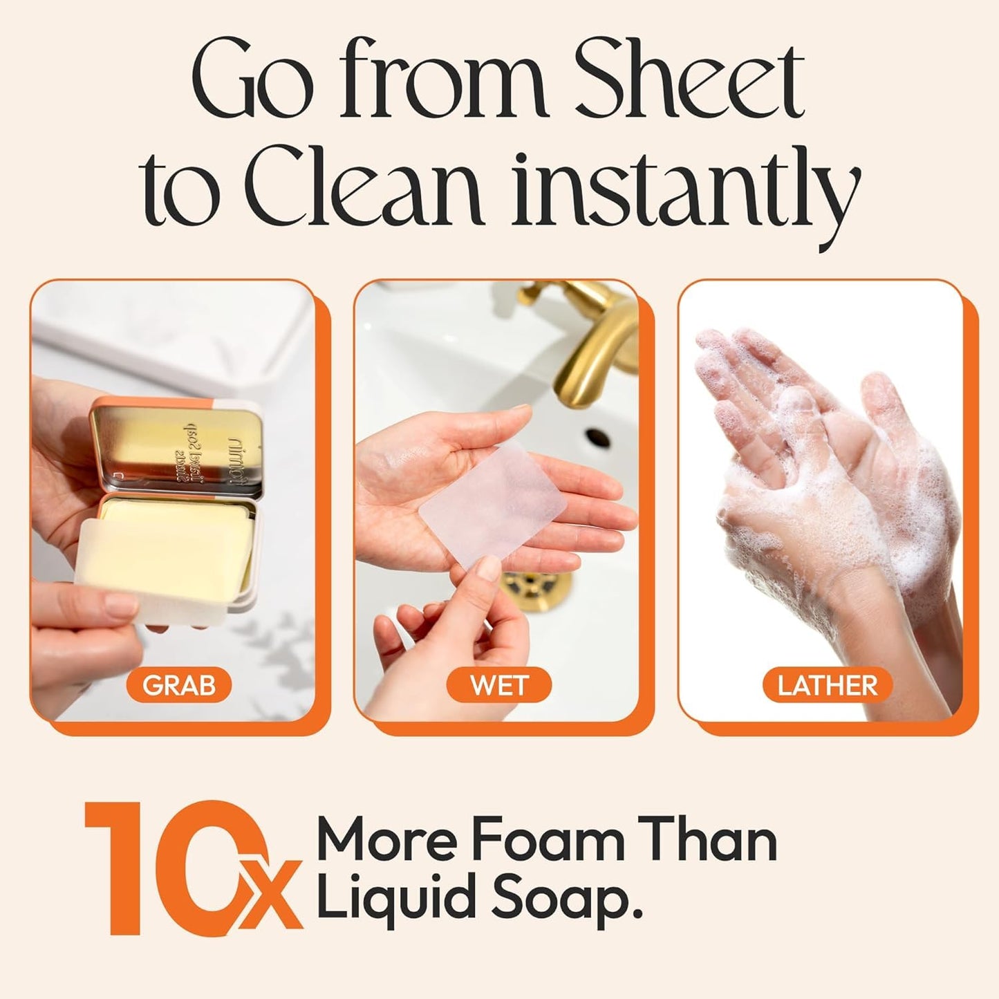 FOMIN - Antibacterial Paper Soap Sheets Tin for Traveling - (300 Sheets) Orange - Portable Travel Hand Soap Sheet, Dissolvable Mini Camping Hand Soap for Hand Washing
