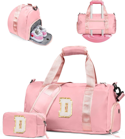 Cute Preppy Gifts for Girls-Girl Gym Bag with Shoe Compartment, Kid Personalized Weekender Overnight Bags, Initial Travel Tote with Makeup Pouch, Chenille Gift for Teen (Letter D)