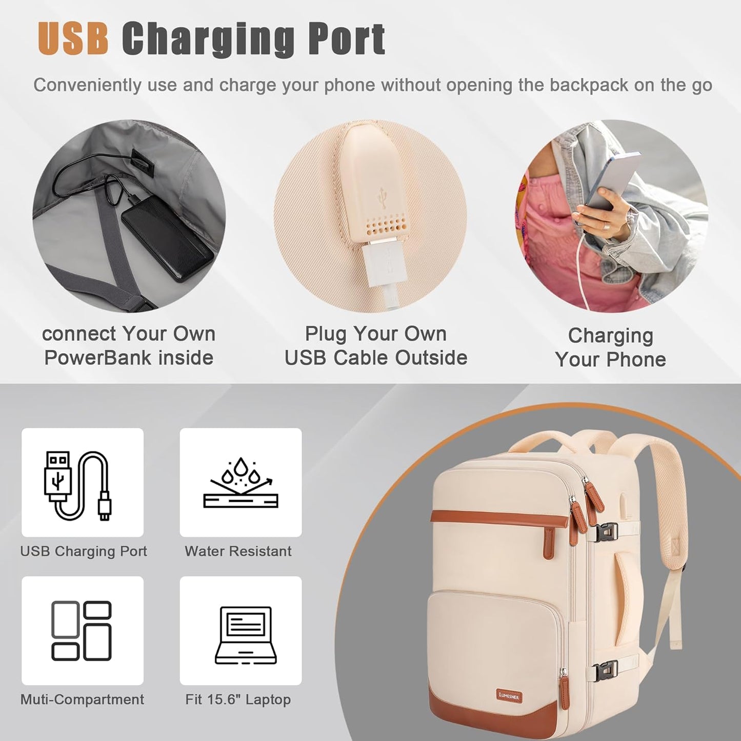 40L Travel Backpack with USB Charging Port, Water-Resistant Carry On Backpack for Men Women, Business Laptop Backpack for Trips & Commutes, Fits 15.6/17.3 Inch Laptop