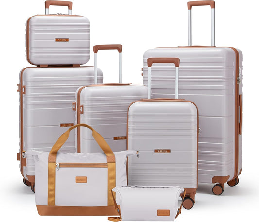 Luggage Sets with spinner wheels, PC+ABS Hard Shell Travel Luggage,Lightweight Carry-on suitcases with TSA Lock,YKK Zippers (Light purple, 7 piece sets（14/18/20/24/28/DB/TB）)