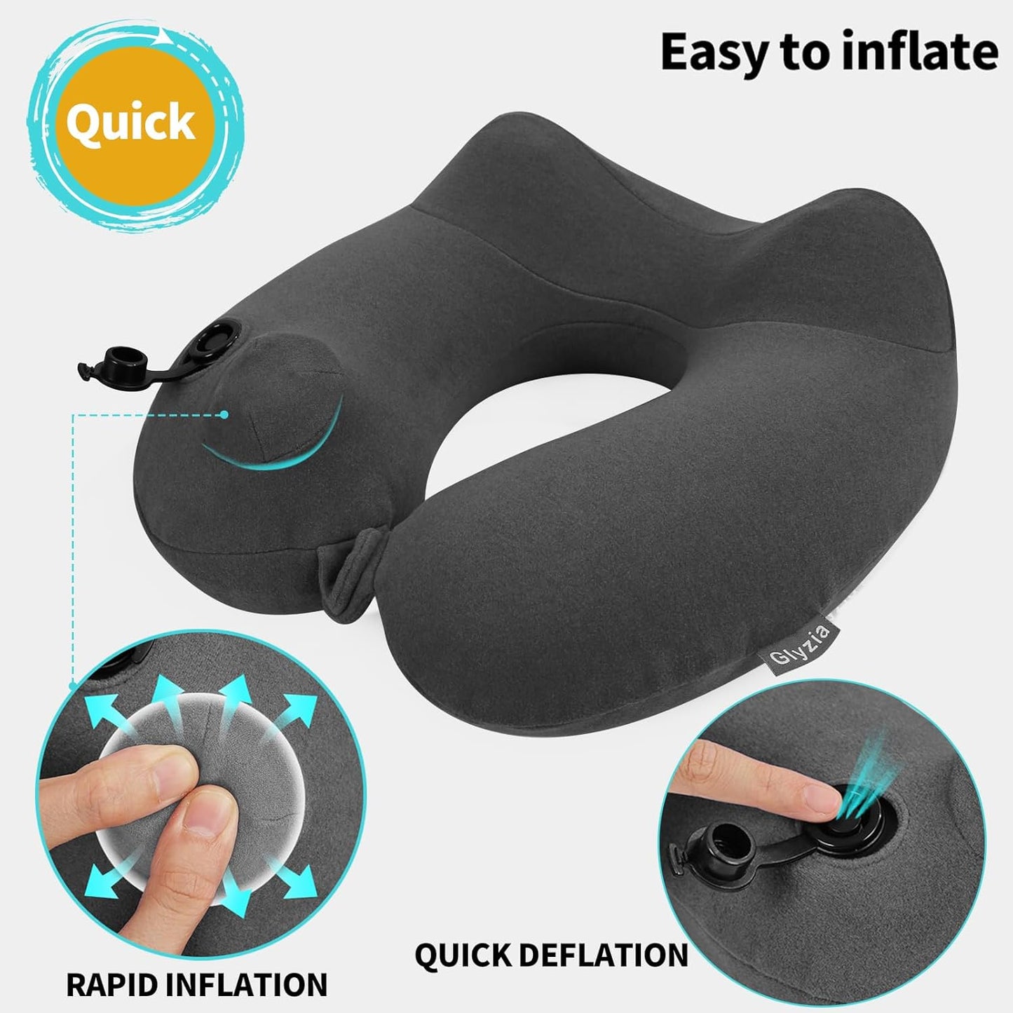 Inflatable Travel Neck Pillow for Airplane, Head Support Velvet Adult Neck Pillow for Long Flight, Kit with Eye Mask, Earplugs and Storage Bag,1, Dark Gray