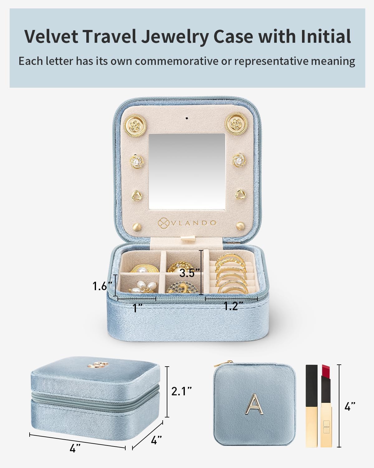 Vlando Travel Gifts 2025, Travel Jewelry Case for Girl Women, A Initial Jewelry Case, Mini Jewelry Travel Organizer Travel Essentials for Gifts for Friend Teen Girls - Letter A, Blue