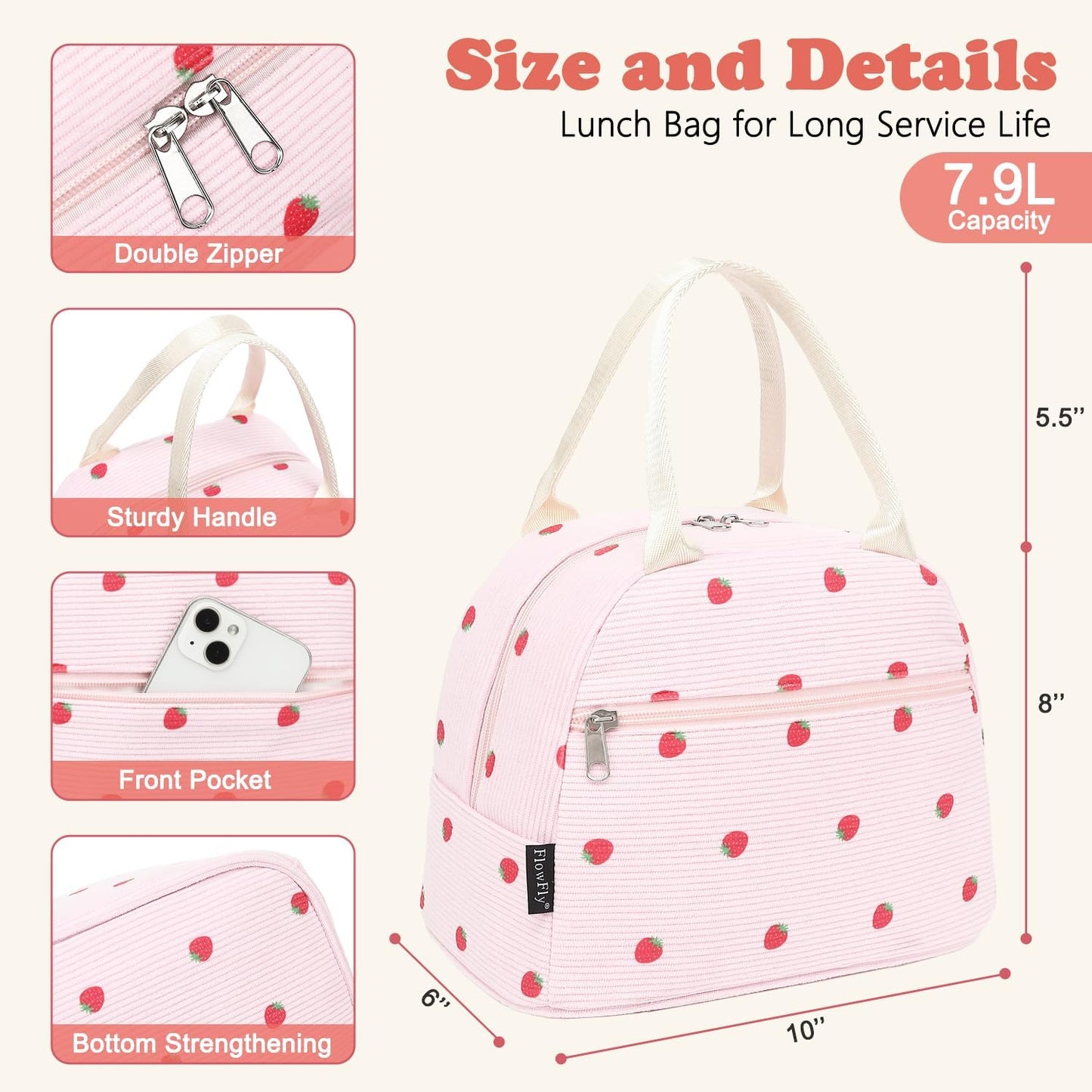 FlowFly Insulated Lunch Bag for Women – Corduroy Lunch Tote Box, Cute Cooler Bag for Work, Travel, Picnic,Corduroy Strawberries Pink