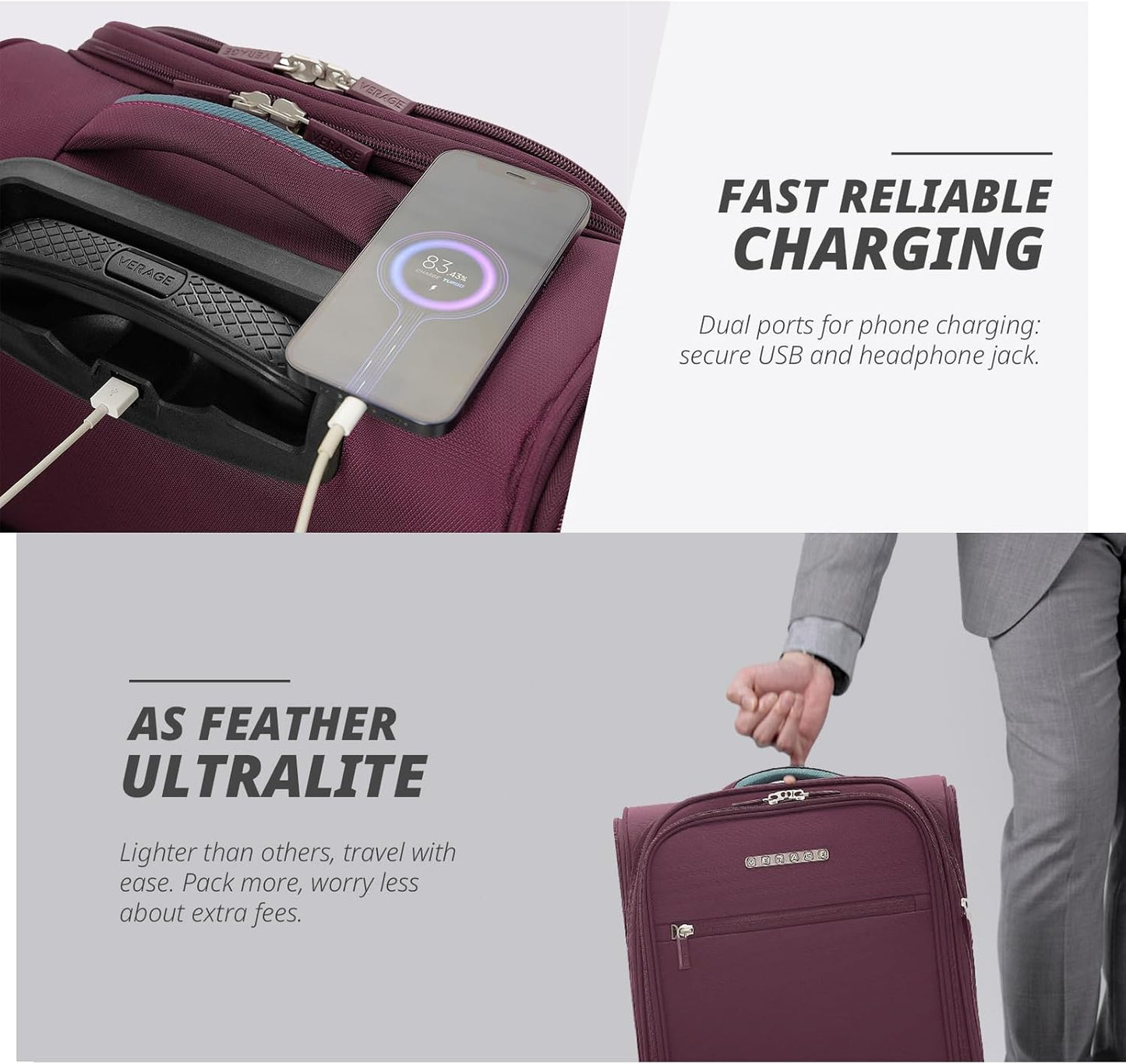 Verage Under Seat Luggage with Wheels, Softside Small Suitcase Spinner Carry On Luggage Bags for Airlines Airplanes Short Trip Men Women (Grape red, 14.5-Inch Plus Underseat)