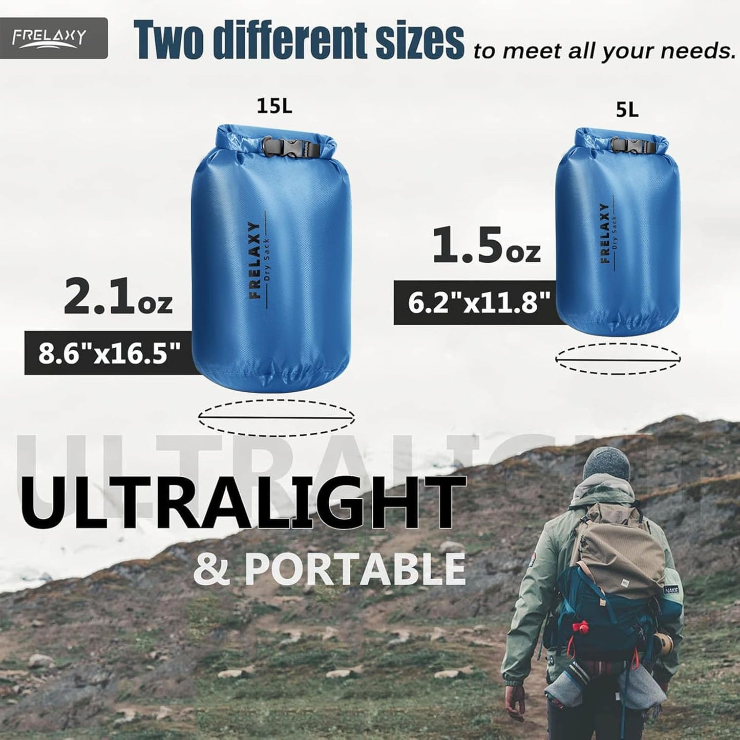 Frelaxy Waterproof Dry Bag 2 Pack/3 Pack, Lightweight Portable Dry Bags, 5L & 15L & 25L Durable Dry Sack Set Keep Gear Dry for Hiking, Camping, Boating, Backpacking, Kayaking (2 Pack - Blue)