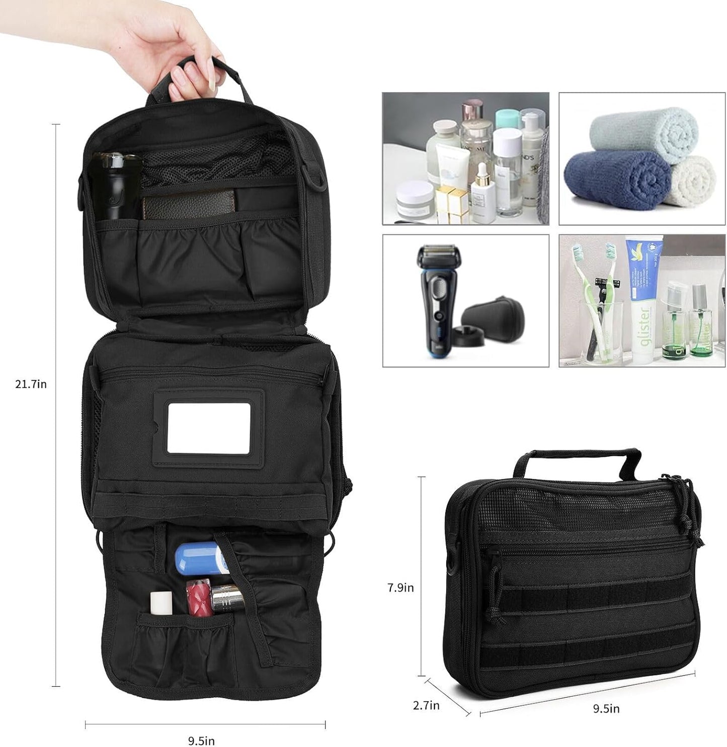 Travel Toiletry Bag for Men and Women, Hanging Travel Toiletries Organizer Dopp Kit, Toiletry Shaving Hygiene Bag, Durable Bathroom Essentials Men's Toiletry Bag for Short Trips & Camping - Black