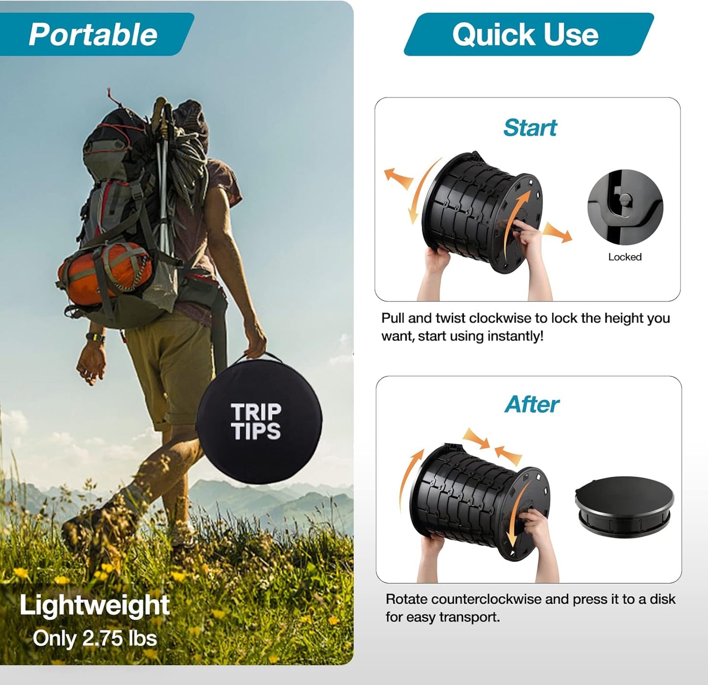 TRIPTIPS Upgrade Retractable Portable Toilet Travel Toilet Adjustable Height Camping Toilet Portable Potty for Adults Kids, Foldable Portable Toilet for Camping/Car