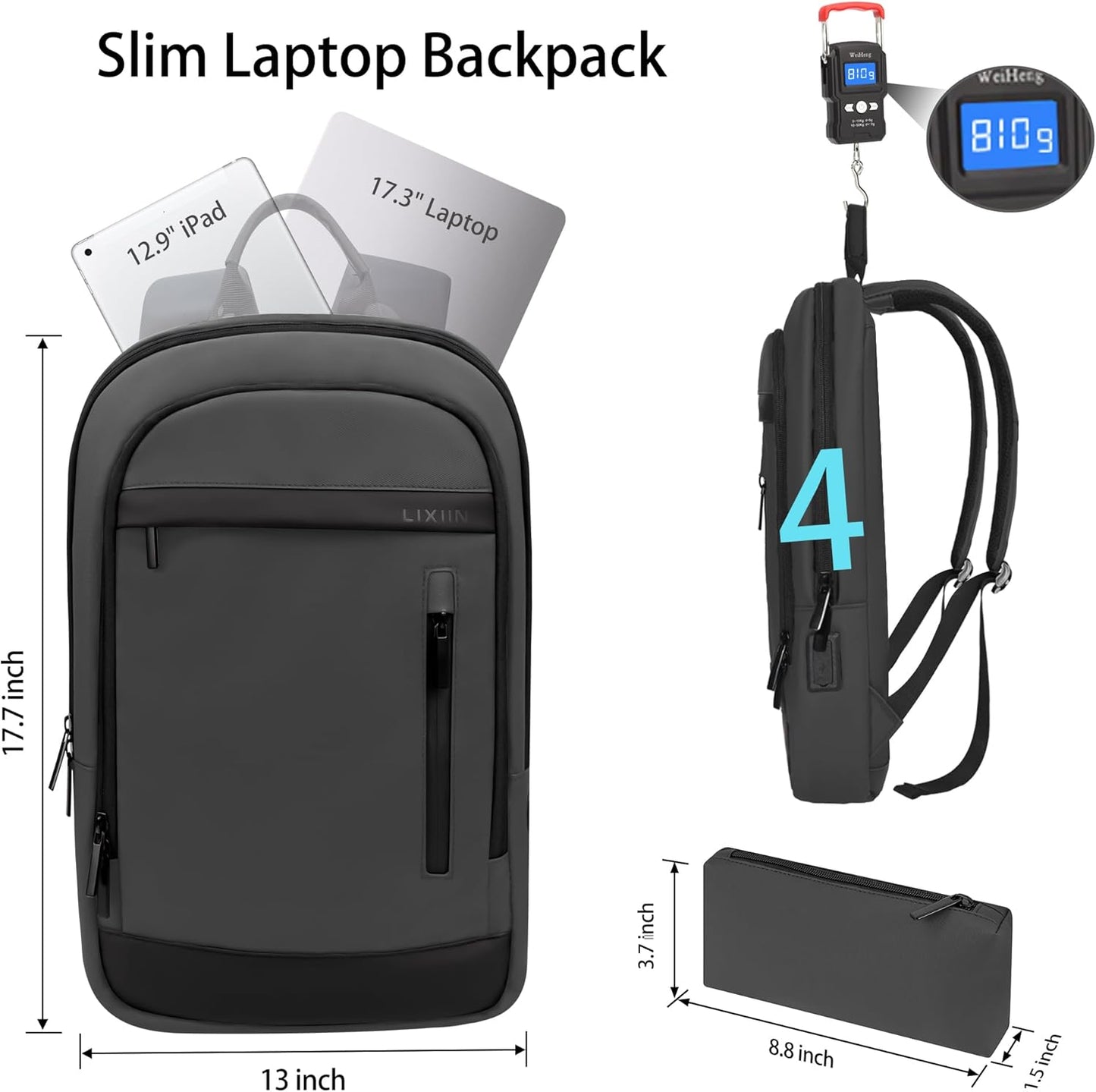 Business Backpack for Men Lightweight Commute Laptop Backpack Anti-Theft Water Resistant Backpack for 17.3 Inch Computer for Daily Office Work with Small Bag (Grey)