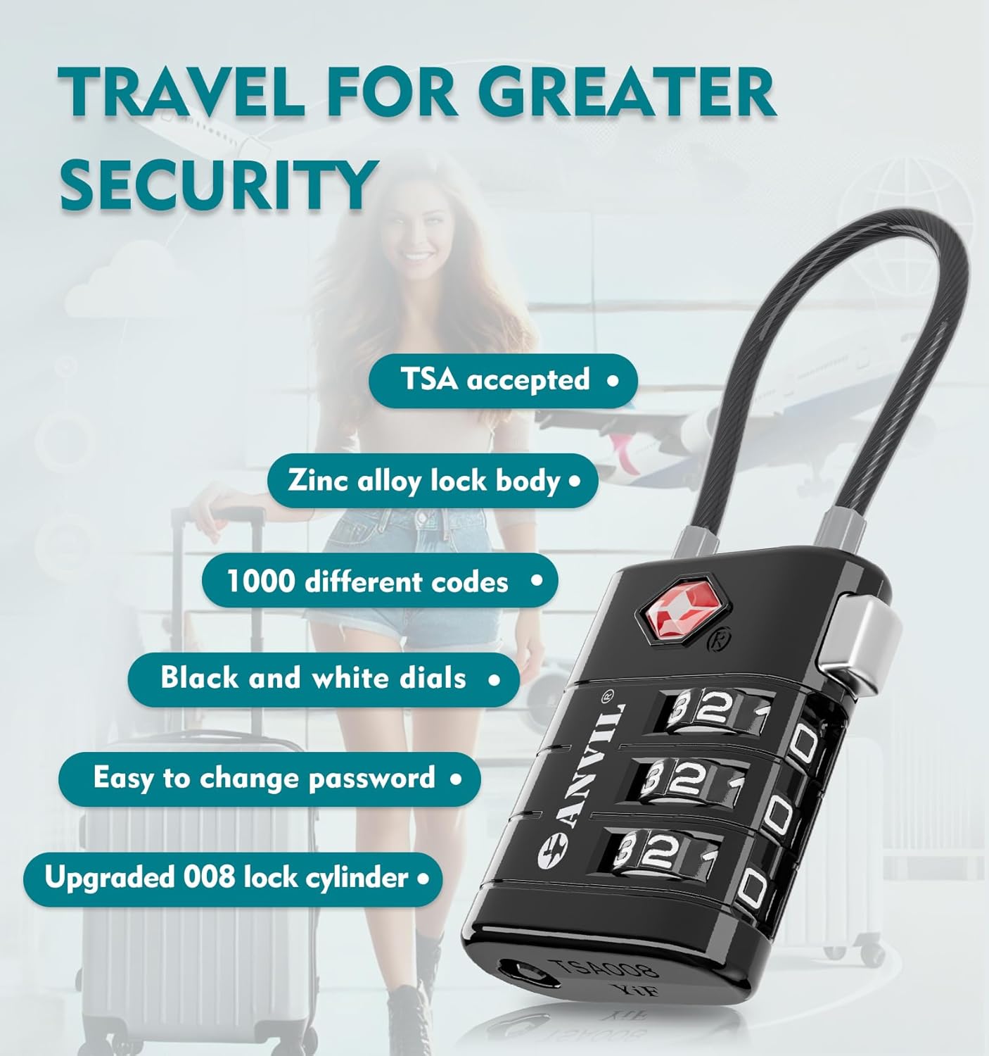 ANVIL TSA Approved Luggage Locks – High Security TSA008 Combination Travel Locks with Inspection Indicator for Suitcases and Backpacks. (3, Black)