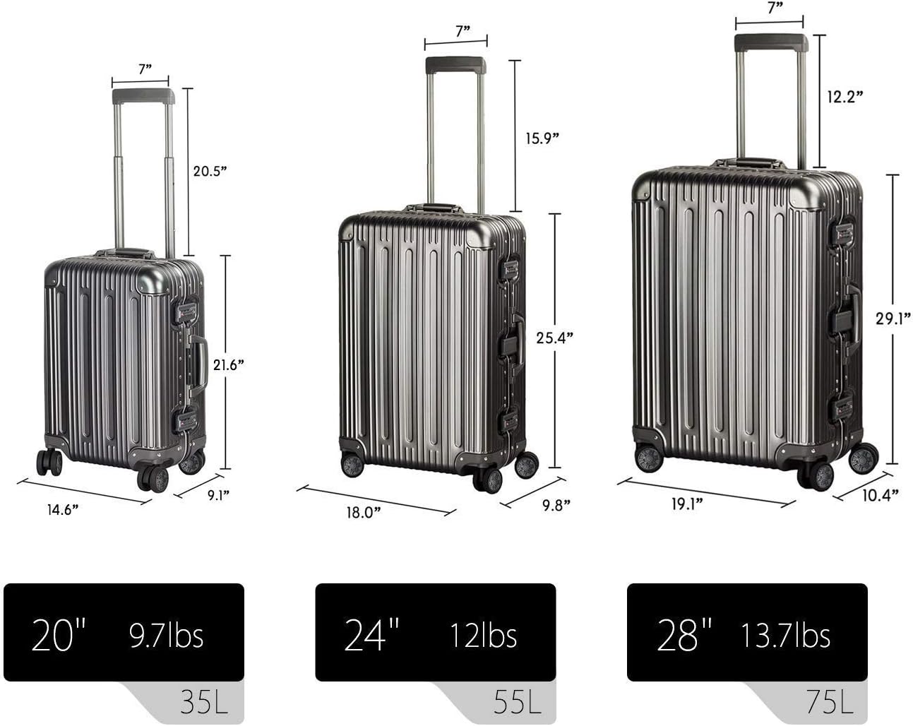 TRAVELKING All Aluminum Luggage Zipperless Hard Shell Suitcase with TSA Lock Spinner Wheels Lightweight Metal Alloy Suitcases (Grey, 24 inch)