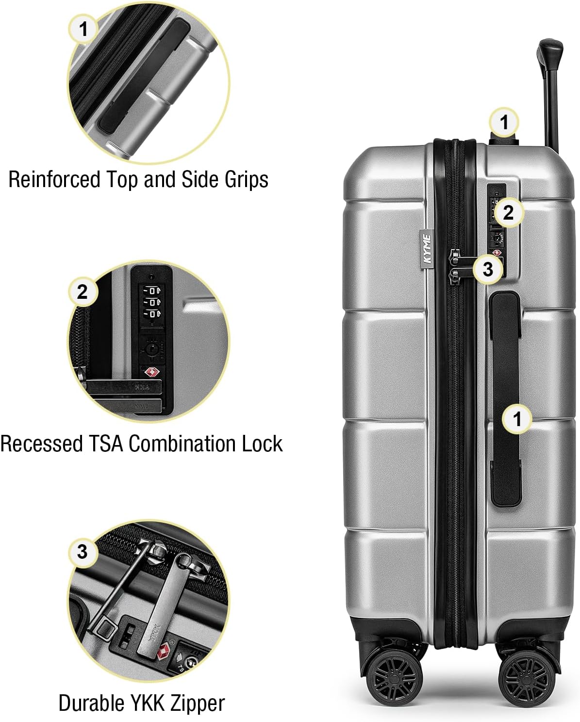 KYME Suitcases with Wheels Hardshell 26 Inch Luggage with TSA Lock Durable Medium Checked Travel Rolling Luggage with Cup Holder for Women Men Silver Grey