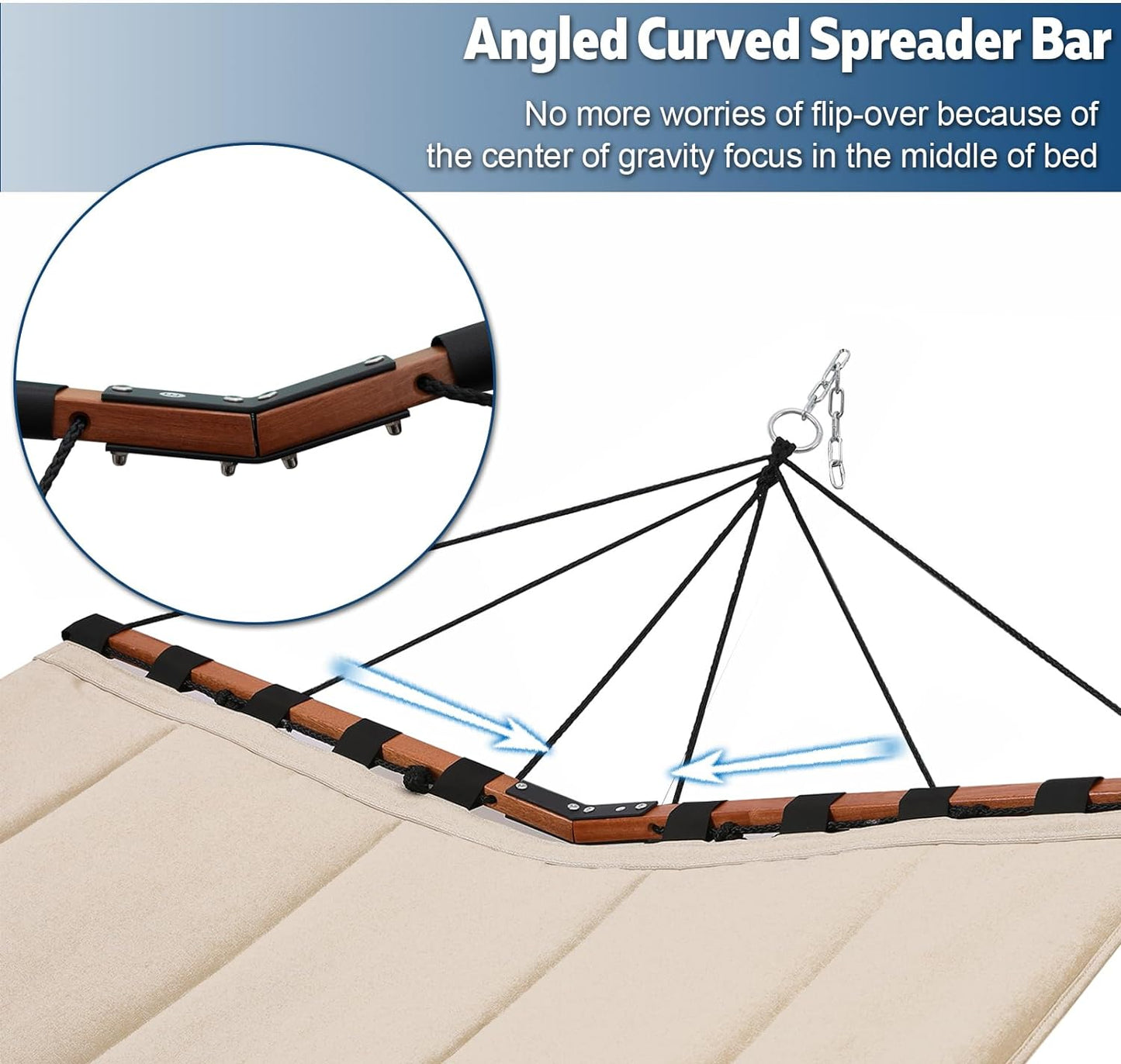 TegerDeger 12FT 2 Person Hammock Large Hammock 450LB Capacity with V Shaped Hardwood Spreader Bar & Nylon Rope for Outside, Patio, Garden, Backyard, Beach, Poolside - Beige